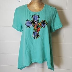 Pistachio Gauzy Cotton Shark Bite Appliqued Embroidered Studded Cross Shirt Top